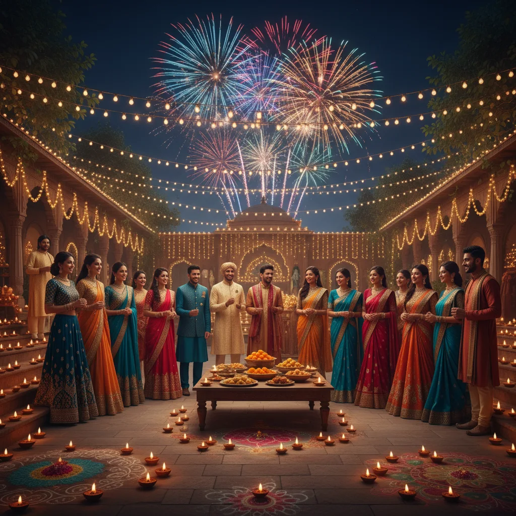 Stunning Gemini AI edited Diwali portraits featuring traditional attire, glowing diyas, and fireworks