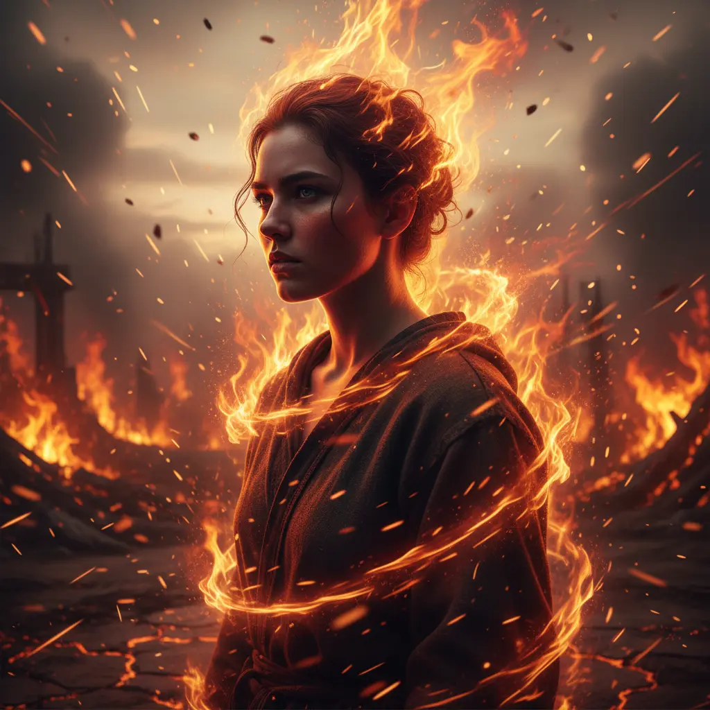 8K cinematic portrait glowing with fiery embers and dramatic lighting created using MidJourney AI