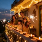 Young Indian couple lighting a sparkler on a decorated balcony under Diwali lights and fireworks
