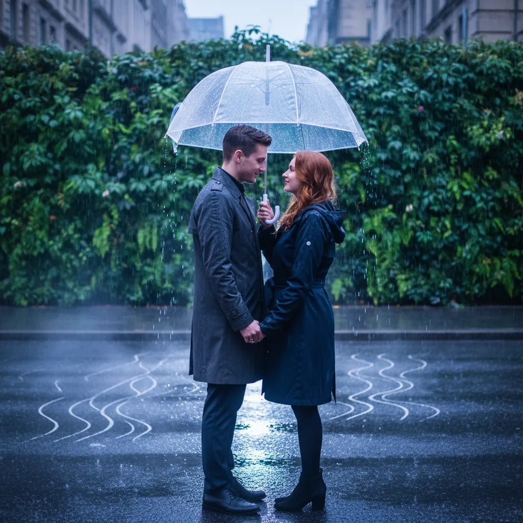 Cinematic rainy portrait created with Gemini AI featuring umbrella, wet street reflections, and vibrant blue tones