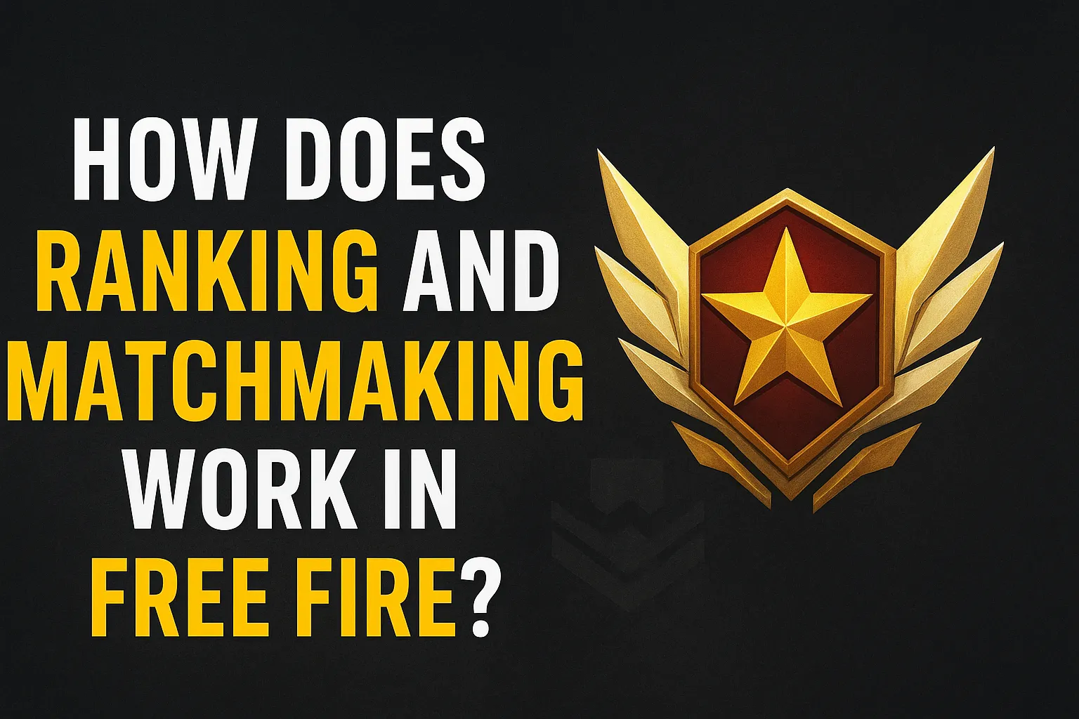 How does ranking and matchmaking work in Free Fire — illustrated with a golden ranking badge and bold game title.