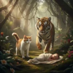 Sora Video Prompts of Brave Cat Saving the Baby from Tiger Attack Brave cat confronting tiger to save baby in vivid wilderness scene