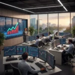 Students engaged in live stock market trading training with Chanakyapuri cityscape visible through large windows