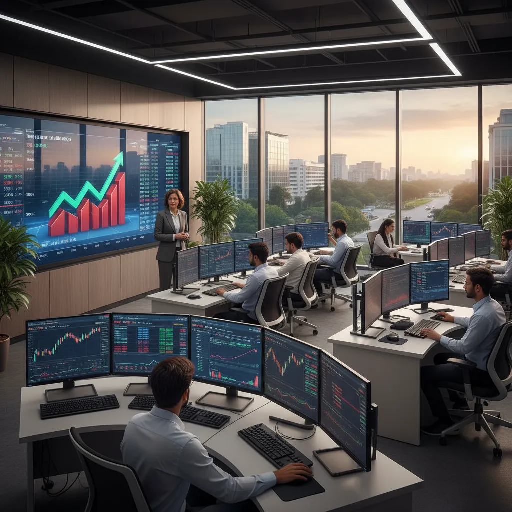 Students engaged in live stock market trading training with Chanakyapuri cityscape visible through large windows