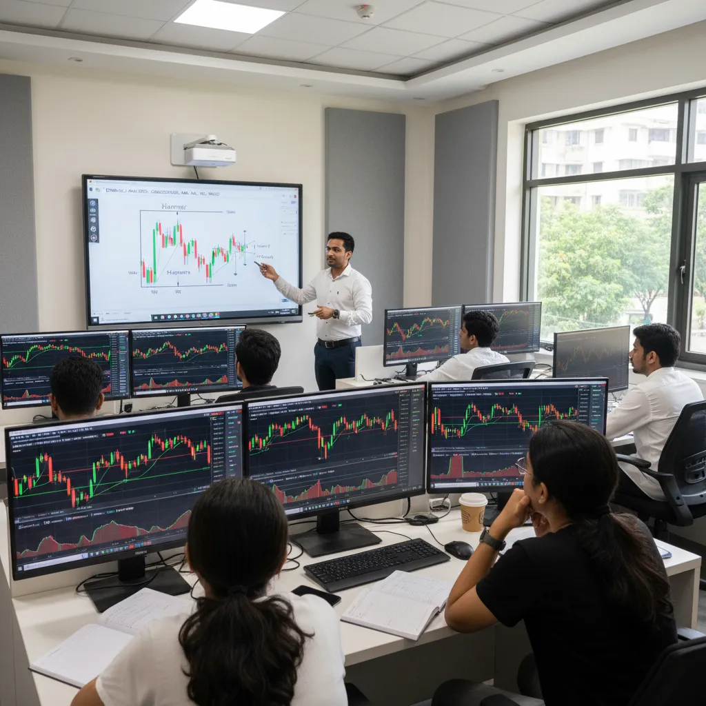 Stock market training session in CR Park with students learning live trading charts and technical analysis techniques