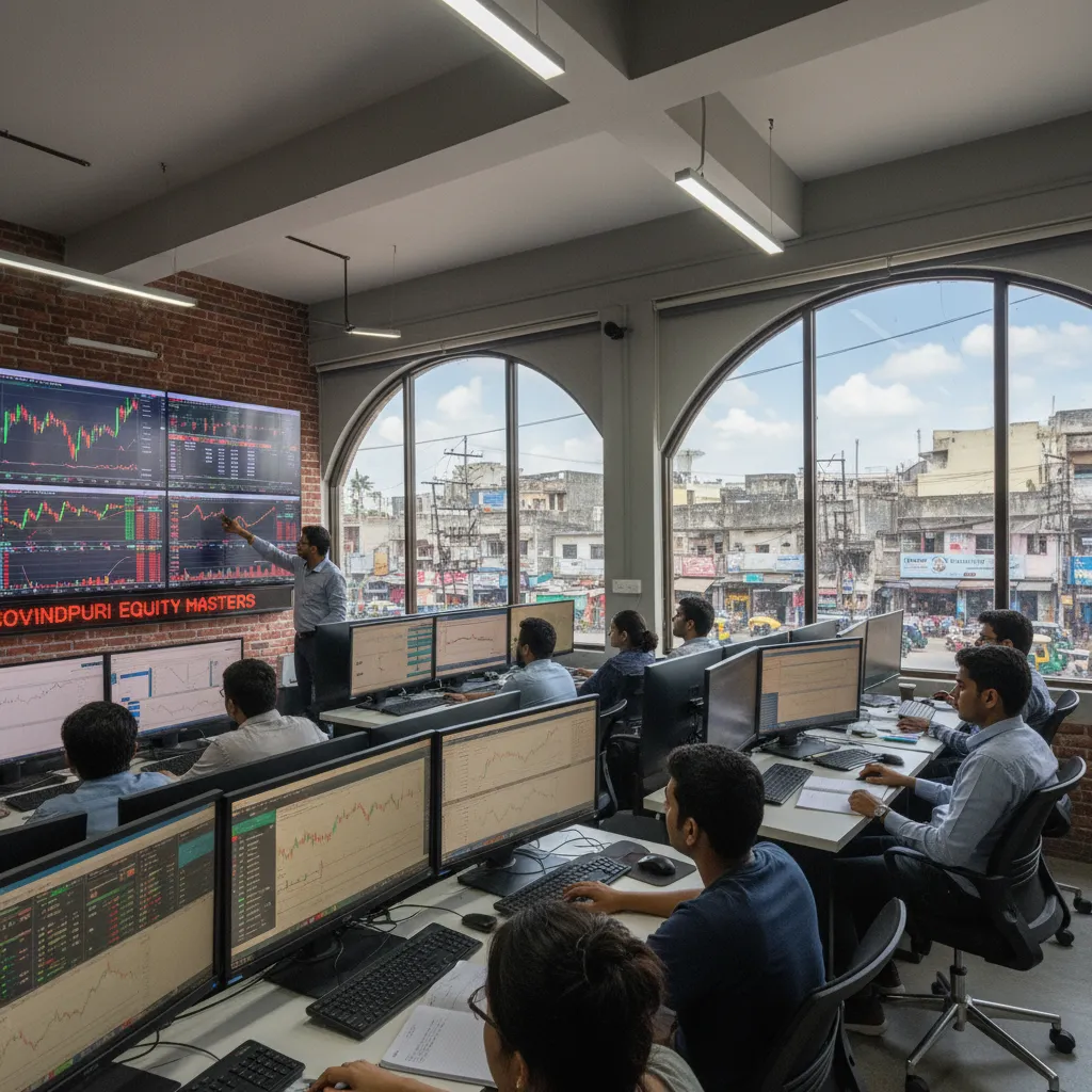 Students engaged in live stock trading practice at a training institute in Govindpuri with cityscape visible through windows