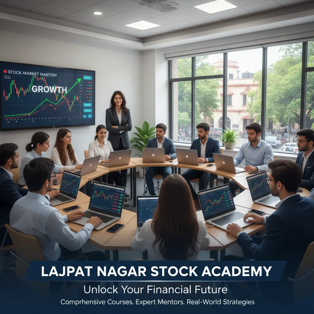 Stock market training class in Lajpat Nagar with students learning financial trading on laptops