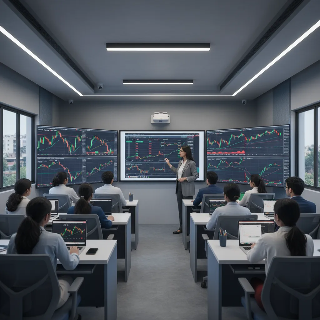 Stock market training session in Malviya Nagar with students learning live trading charts and technical analysis techniques