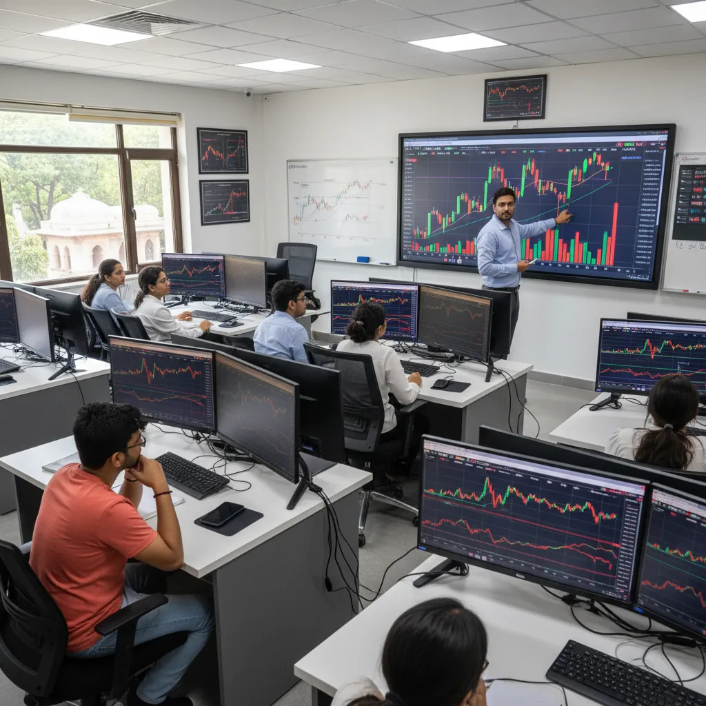 Stock market training session in Safdarjung with live trading charts and technical analysis explanation