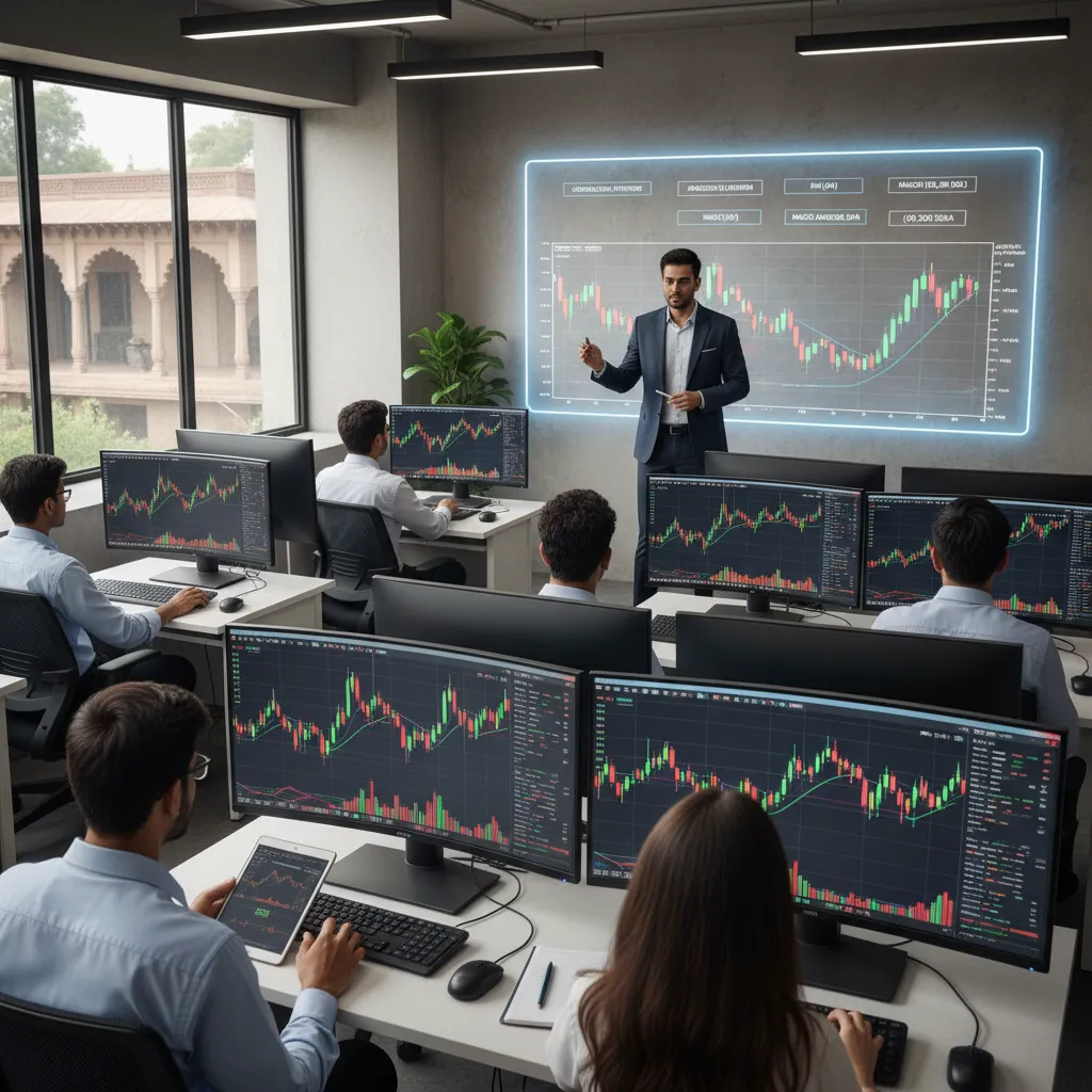 Stock market training session in Sarojini Nagar with students learning live trading charts and technical analysis techniques