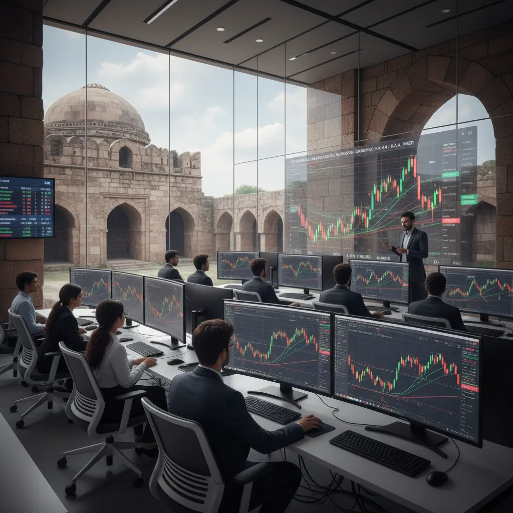 Stock market training session in Tughlaqabad with students learning live trading charts and technical analysis techniques