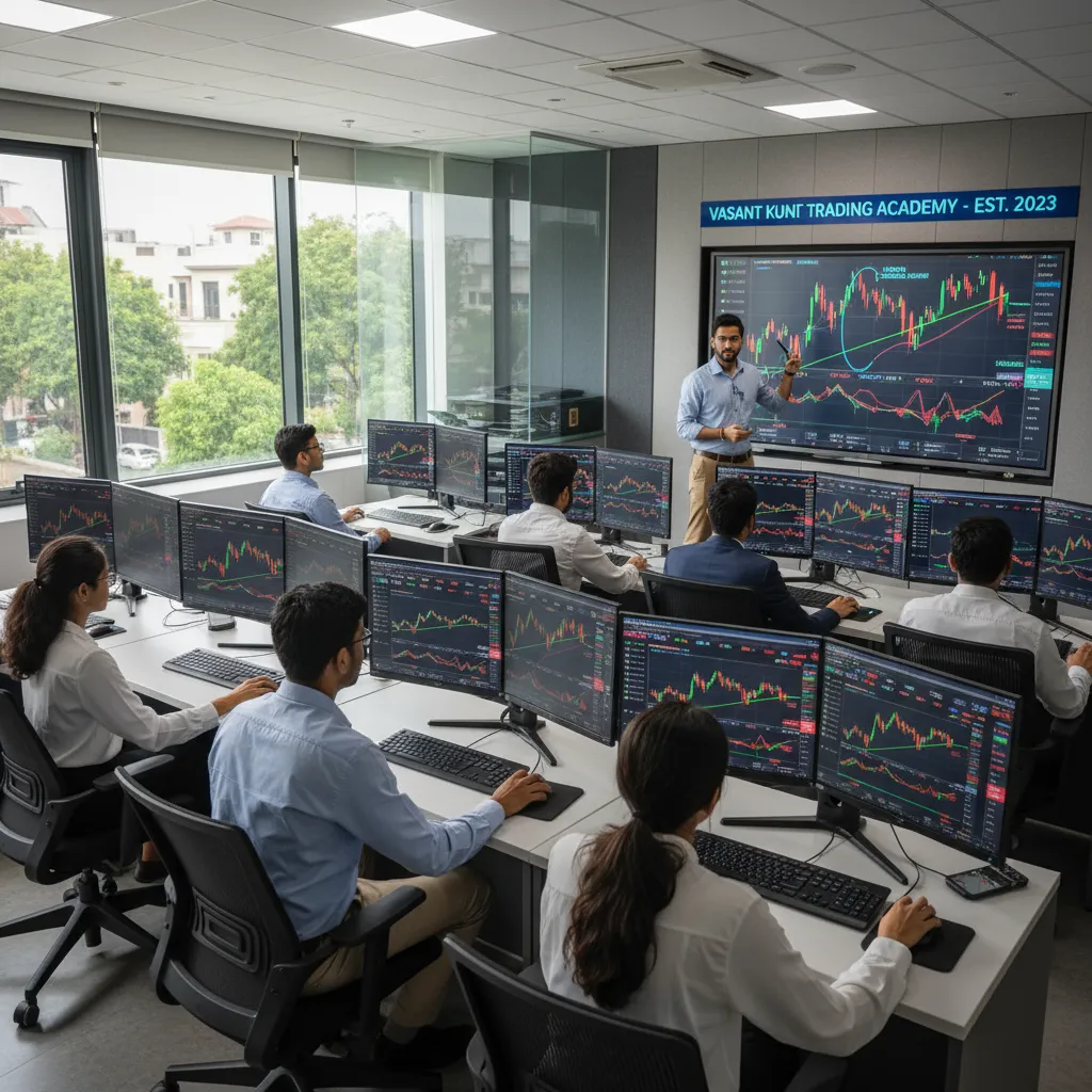 Stock market training session in Vasant Kunj with live trading charts and technical analysis explanations