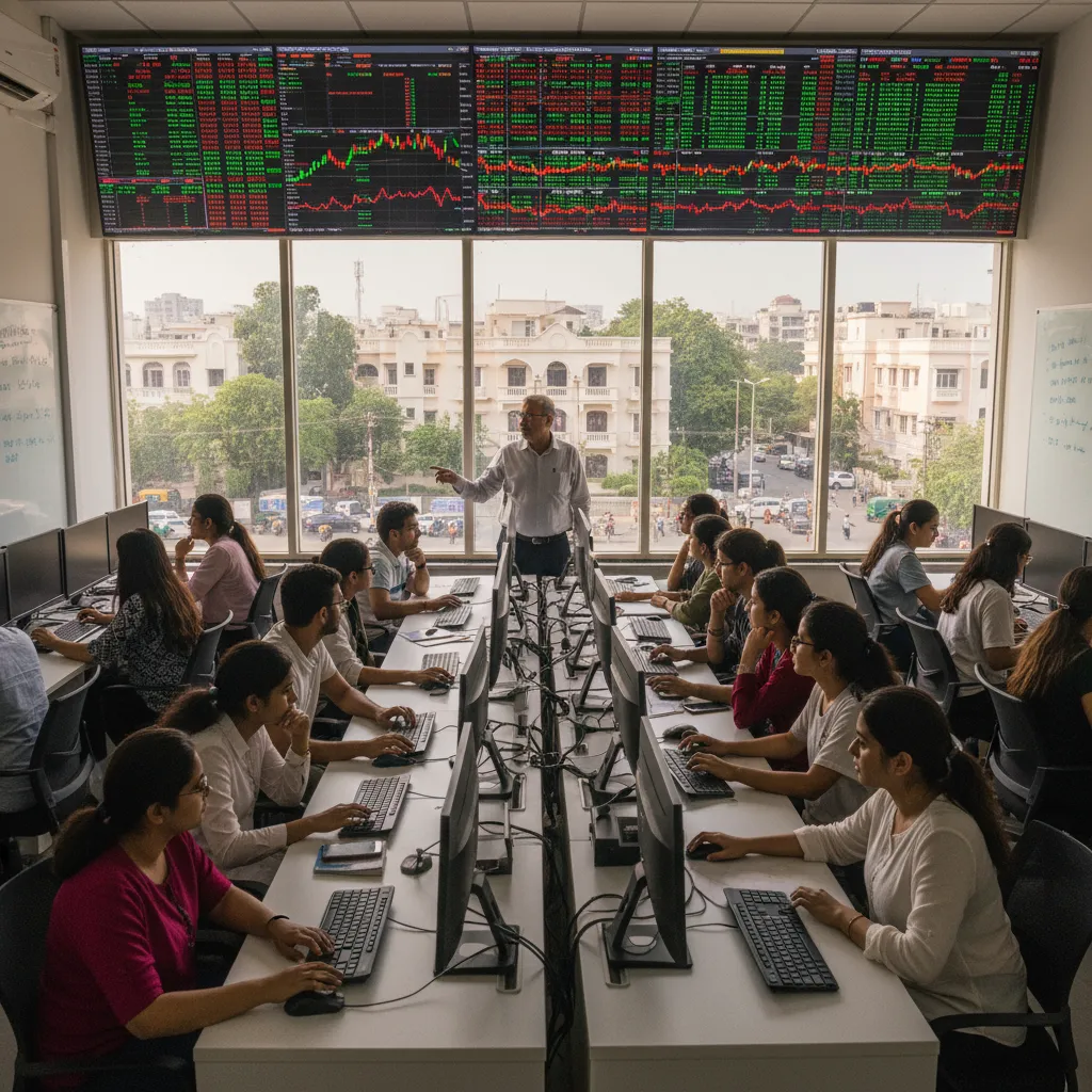 tudents actively participating in live stock market trading training with Defence Colony