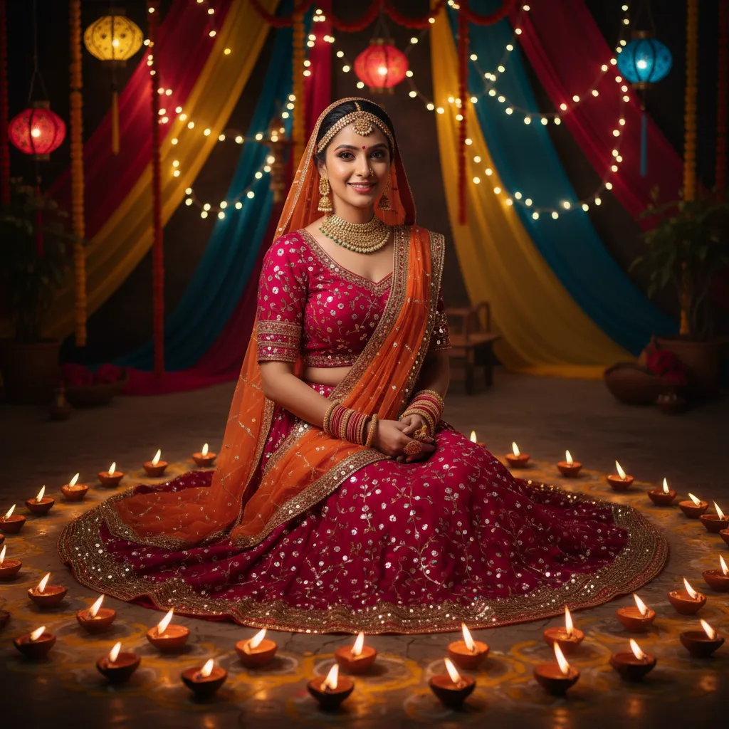 Ultra-realistic 8K Diwali portrait of a girl in traditional attire with glowing diyas