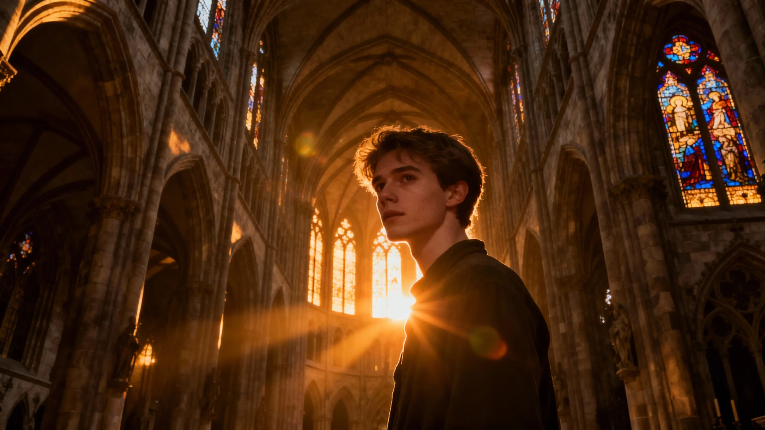 Ultra-realistic 8K cinematic portrait of a man inside a Gothic cathedral with stained glass