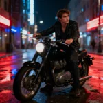 7 Cinematic Urban Rider Edits with Seedream 4.0: AI Prompts for Blockbuster-Style Portraits. Cinematic urban rider portrait with black retro motorcycle, movie-style city lights, and dramatic mood