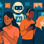 AI-generated illustrations showing creators using smartphones and digital tools.