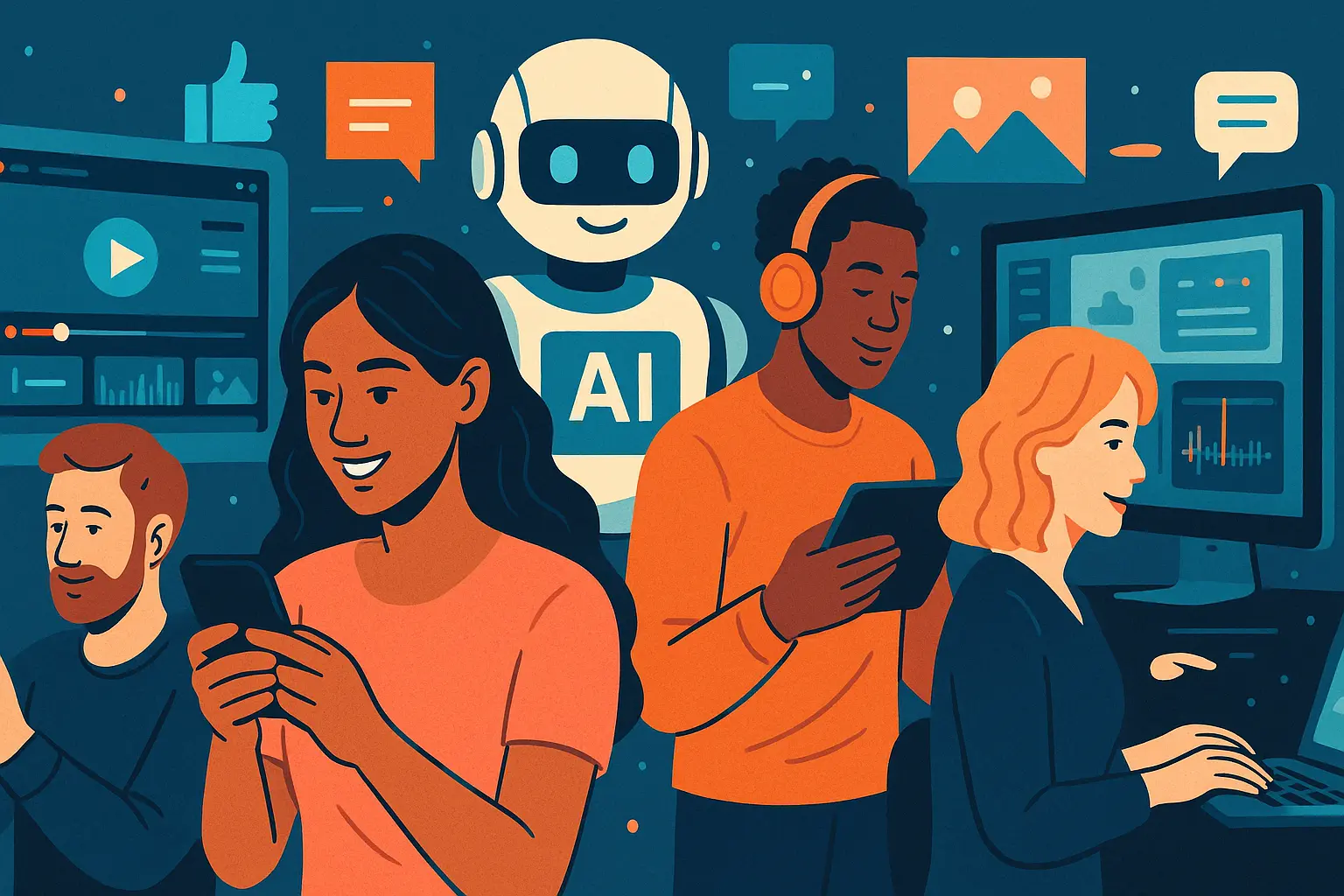 AI-generated illustrations showing creators using smartphones and digital tools.