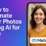 A colorful banner showing a smartphone with a smiling young woman’s photo and the Meta logo, alongside the title “How to Animate Your Photos Using AI for Free” on a purple-blue gradient background.