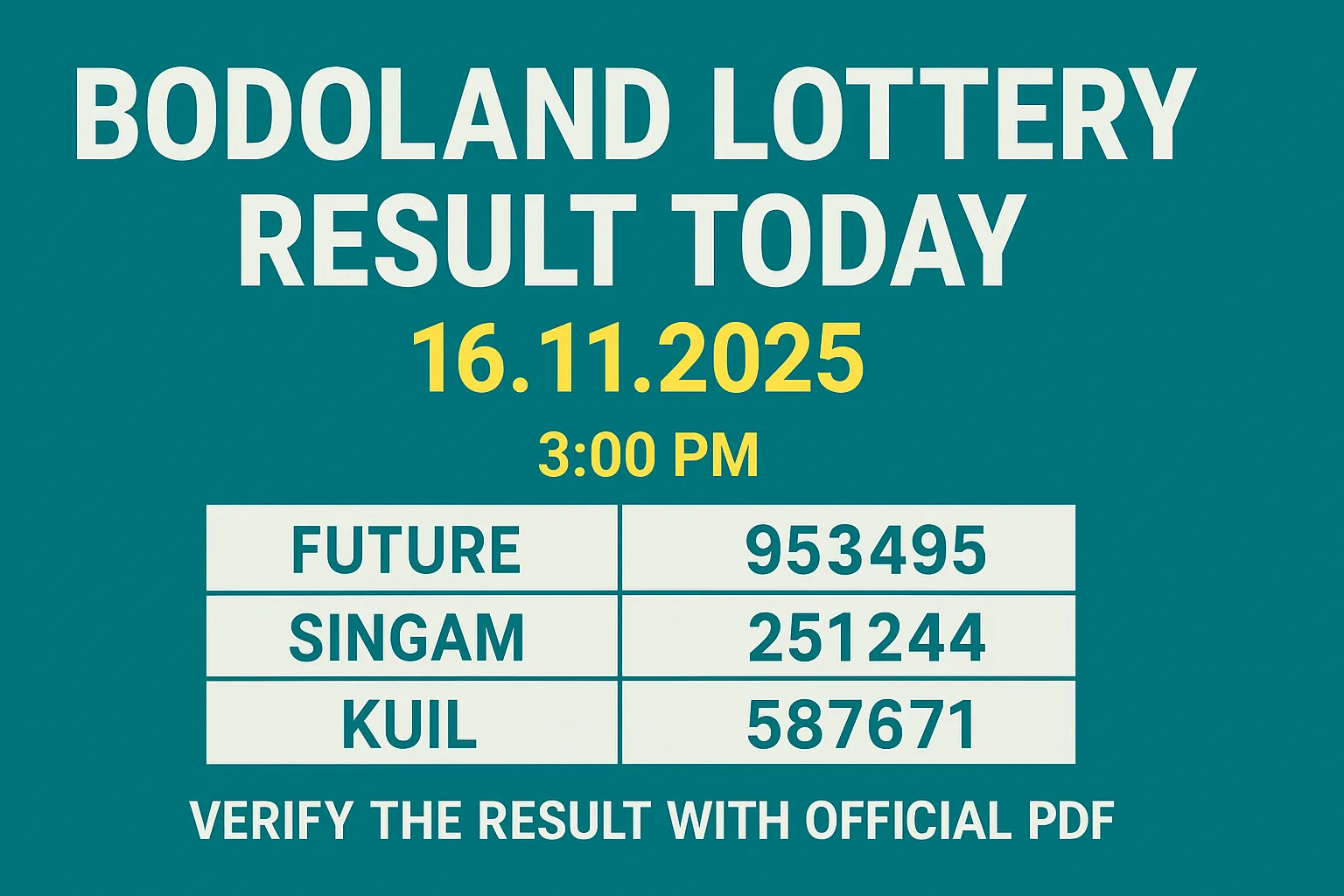 Bodoland Lottery Result Today 16-11-2025 — 3 PM winners list and top prize numbers.