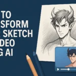 A digital vector illustration showing a pencil sketch of an anime-style devil character beside the title text “How to Transform Your Sketch to Video Using AI,” symbolizing the creative process of turning drawings into animated videos.
