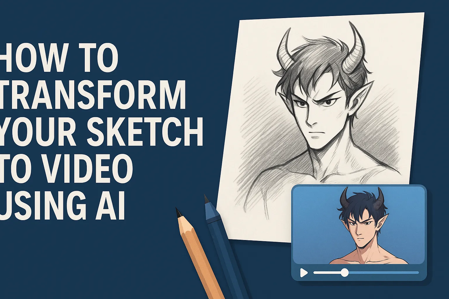 A digital vector illustration showing a pencil sketch of an anime-style devil character beside the title text “How to Transform Your Sketch to Video Using AI,” symbolizing the creative process of turning drawings into animated videos.