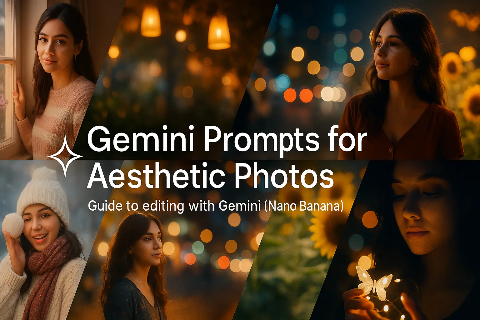 A creative banner titled “Gemini Prompts for Aesthetic Photos” showcasing five aesthetic portraits of women in different lighting styles—from golden hour to night bokeh—representing photo editing with Google’s Gemini (Nano Banana) model.