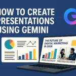 A professional digital illustration showing a laptop with colorful presentation slides, charts, and graphs under the title “How to Create Presentations Using Gemini,” with the Google Gemini logo displayed on a deep blue background.