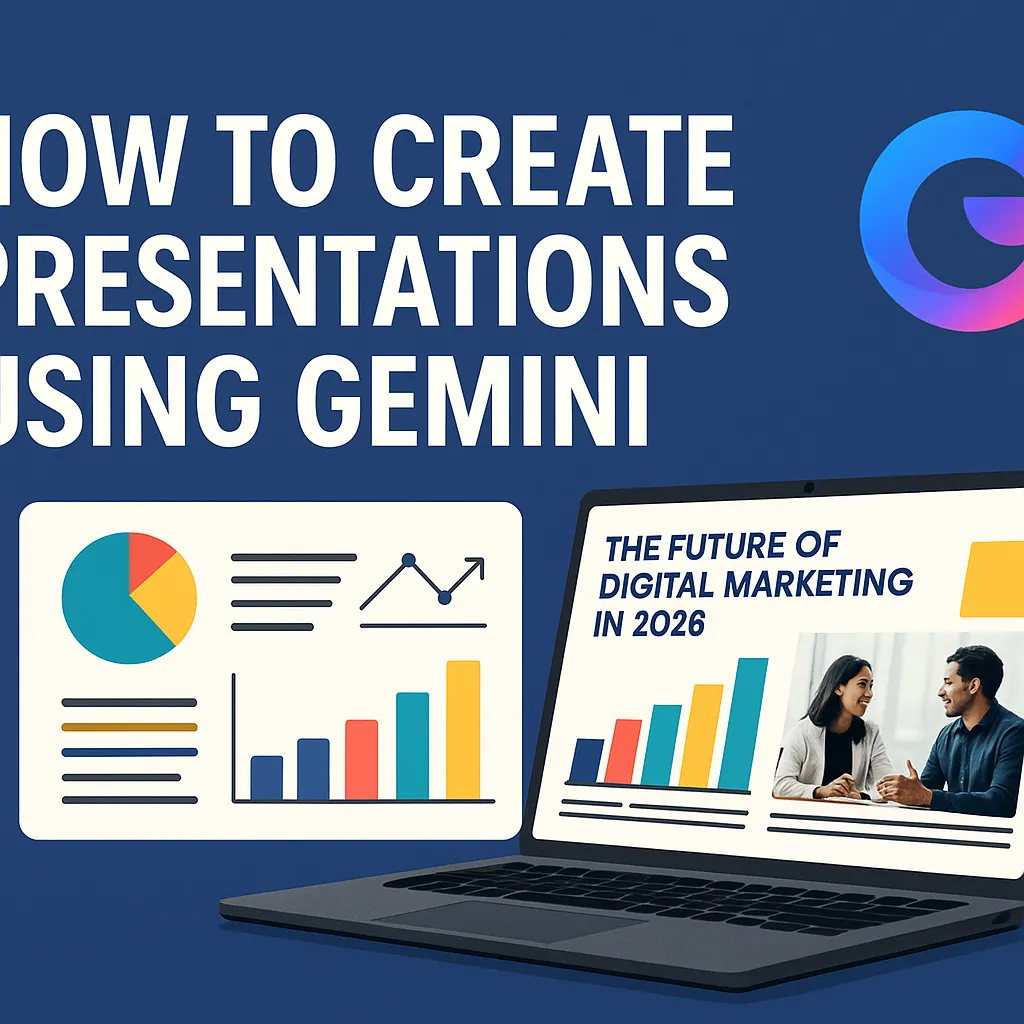 A professional digital illustration showing a laptop with colorful presentation slides, charts, and graphs under the title “How to Create Presentations Using Gemini,” with the Google Gemini logo displayed on a deep blue background.