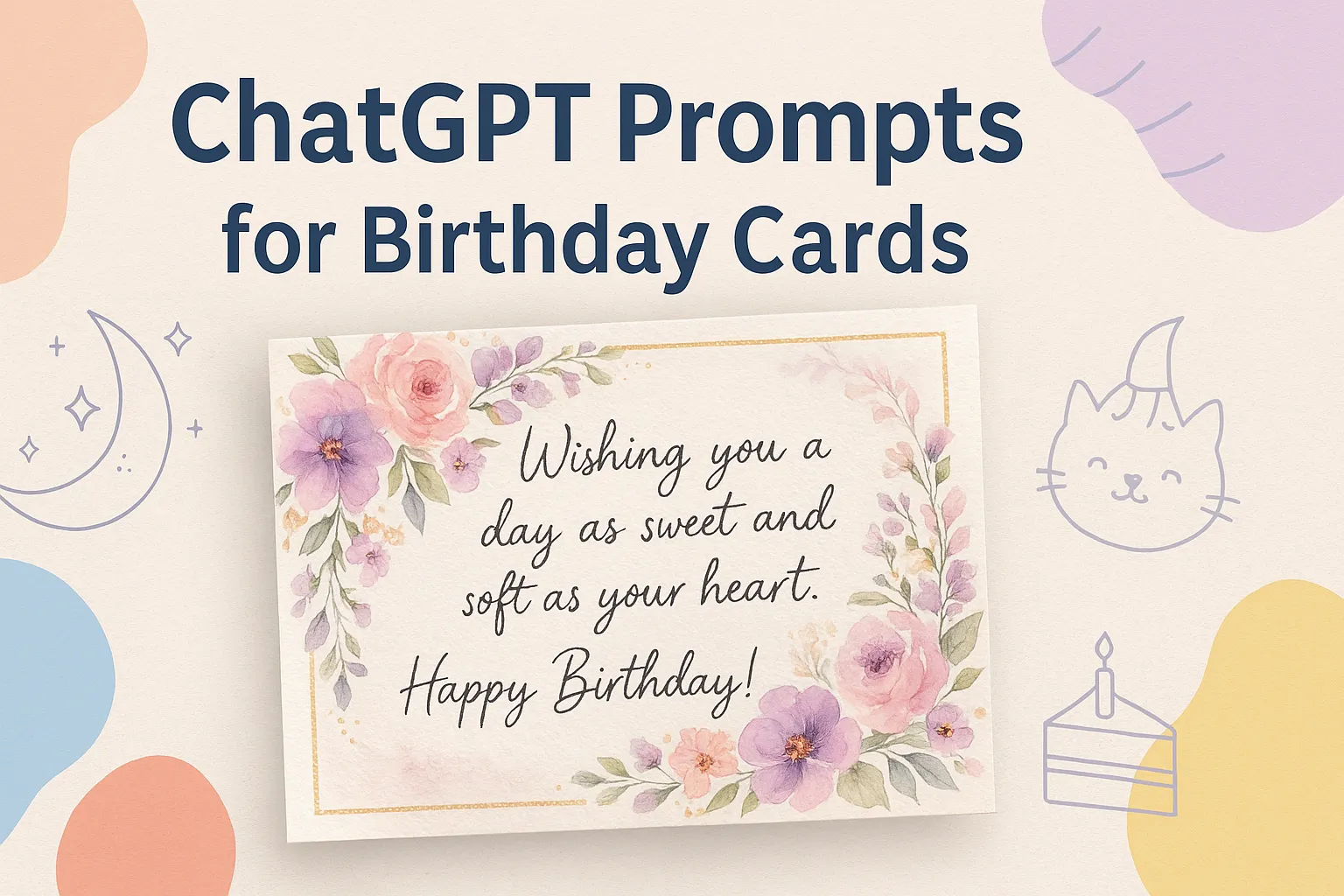 A pastel birthday card design with watercolor flowers and gold accents, created from ChatGPT prompt “Pastel Flowers & Gold Accents.”