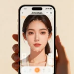 Smartphone screen displaying AI face shape detector app analyzing a woman’s face.
