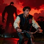 Cinematic Stranger Things-inspired portrait of a young man riding a bicycle with a shadowy monster looming behind him.