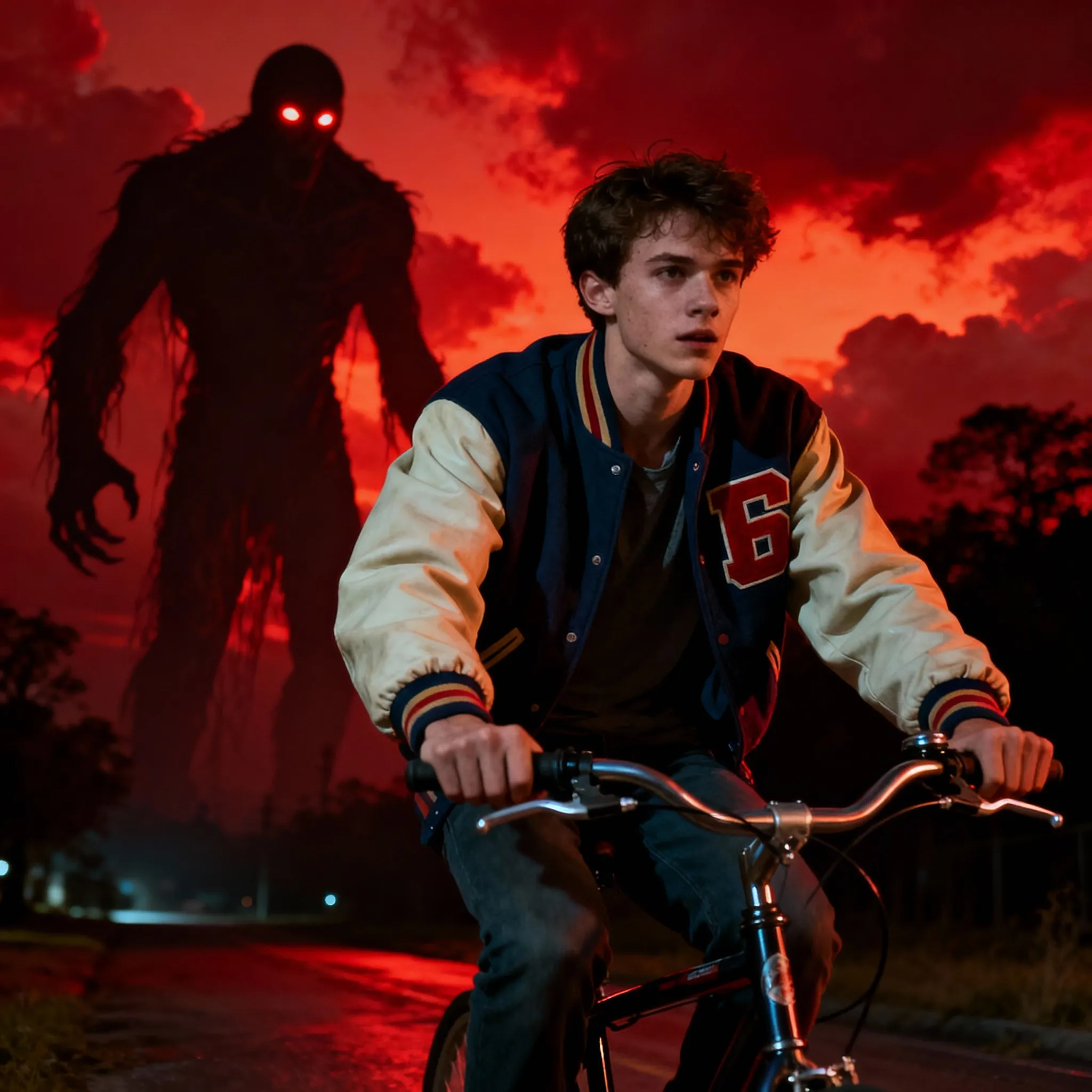 Cinematic Stranger Things-inspired portrait of a young man riding a bicycle with a shadowy monster looming behind him.