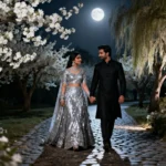 Romantic couple walking hand-in-hand on a moonlit cobblestone path in cinematic attire.