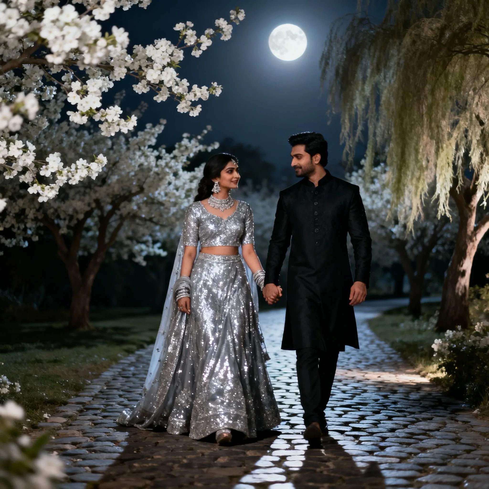 Romantic couple walking hand-in-hand on a moonlit cobblestone path in cinematic attire.