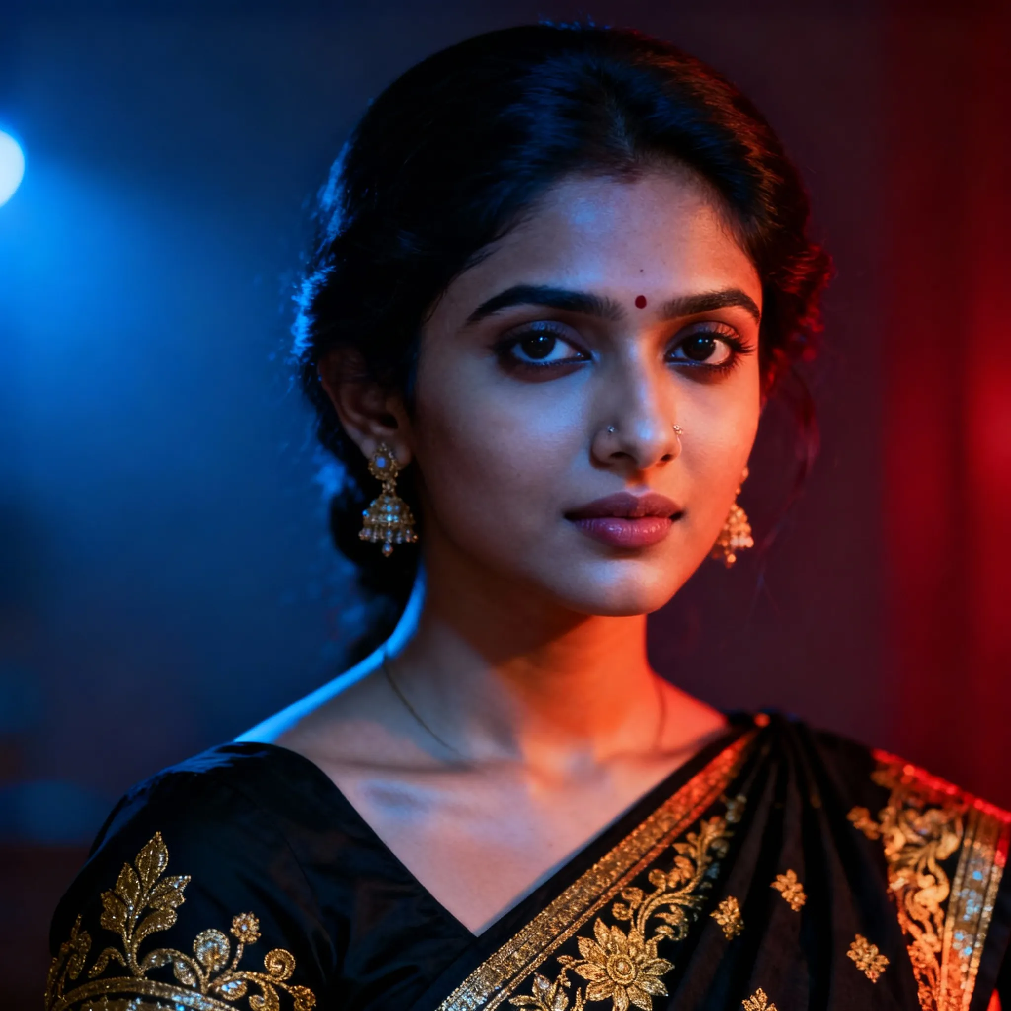 Ultra-realistic 8K close-up portrait of young woman in traditional attire with cinematic dual-tone lighting.