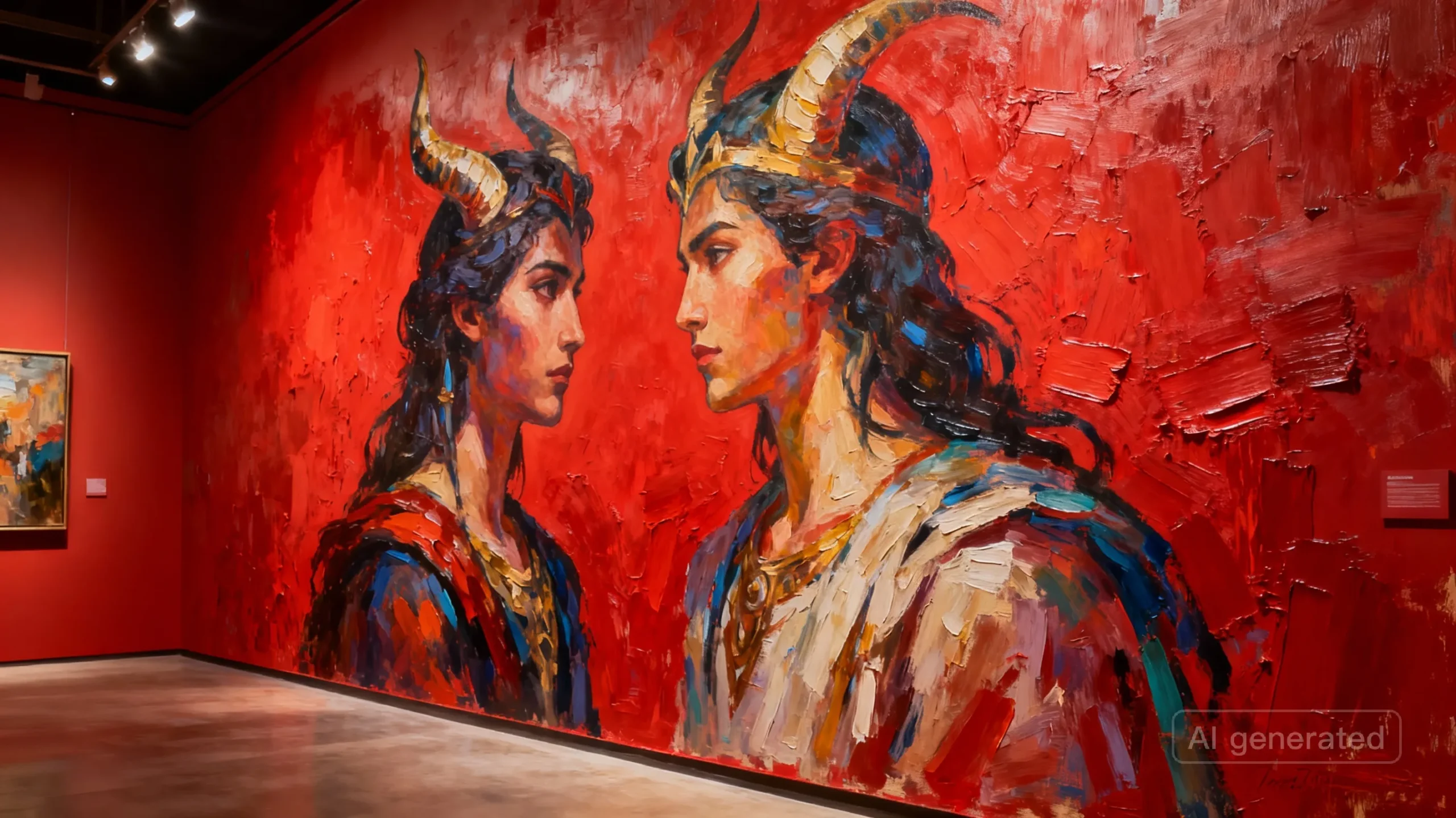 Gemini AI digital wall painting with textured brush strokes and vibrant gallery backdrop