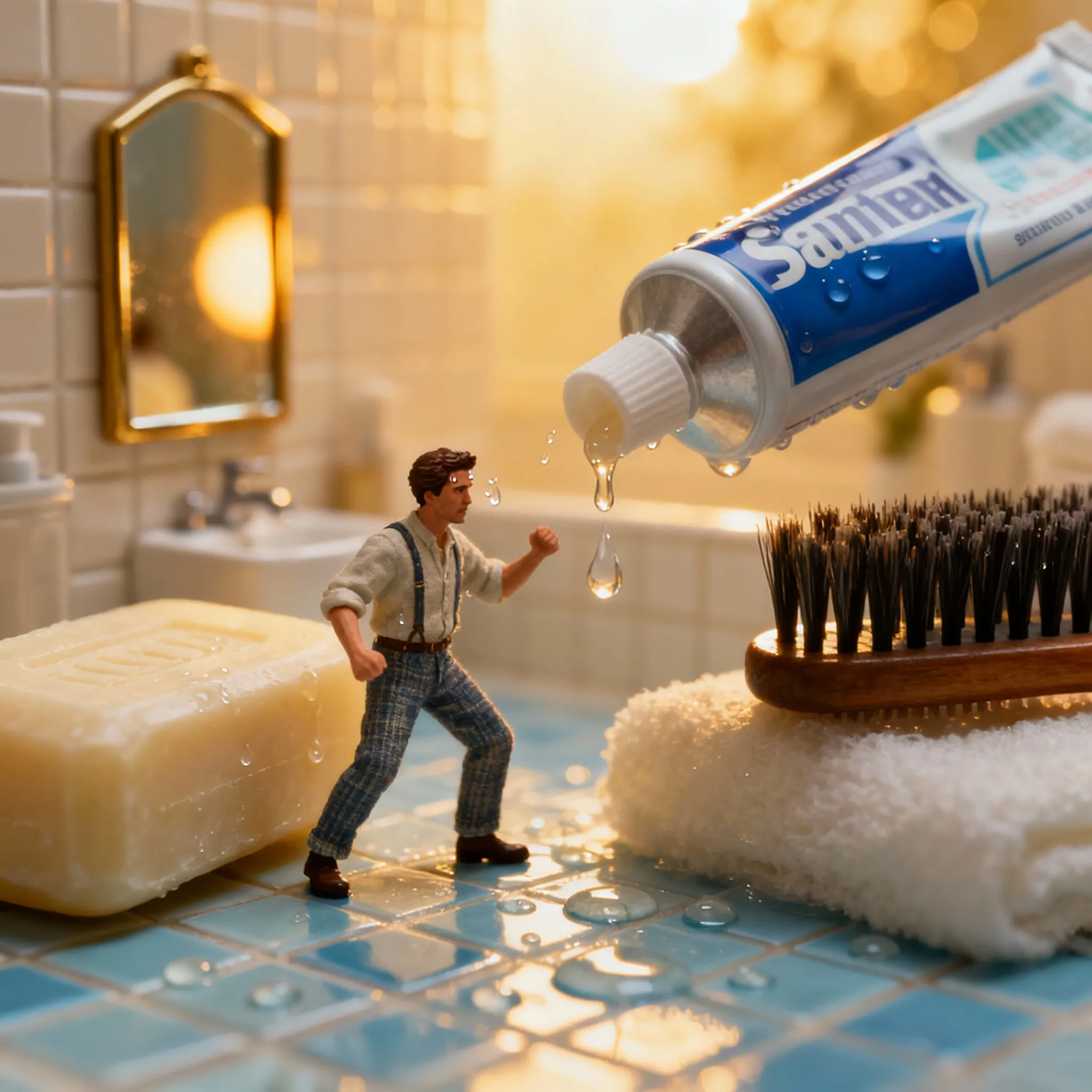 Ultra-realistic 8K miniature portrait of a man on a giant bar of soap in a cinematic bathroom scene.
