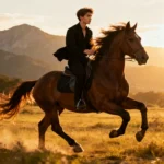 Epic cinematic 16K horse riding portrait of a stylish young man and majestic horse with dramatic lighting.